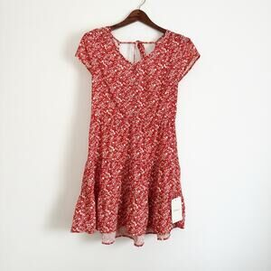 BOHME Floral Smocked Tiered Mini Dress Red Orange Small S